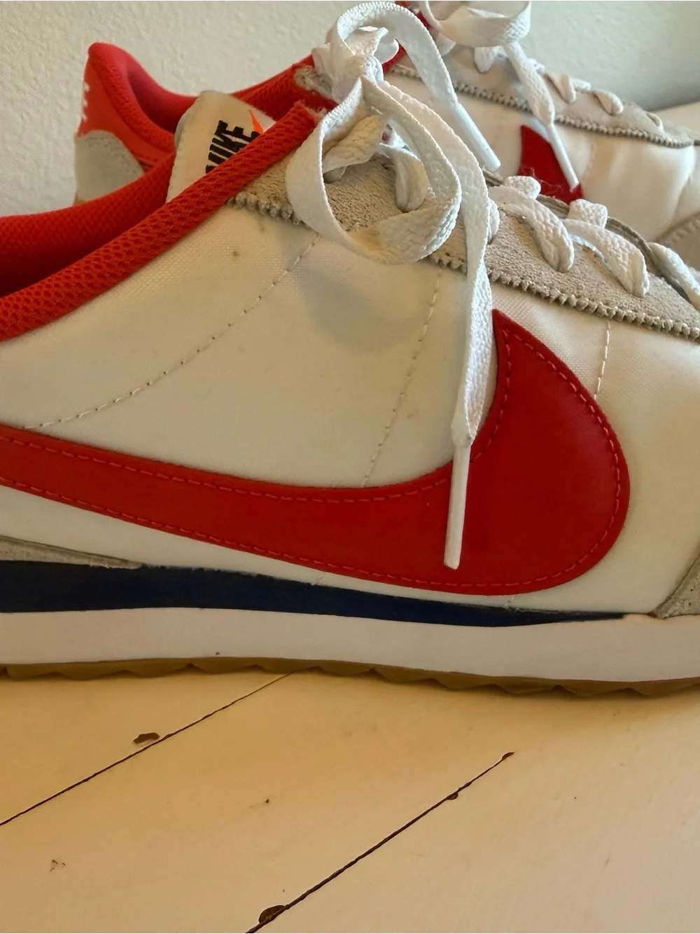 Nike White Sneakers with Red Swoosh and Teal Stripe